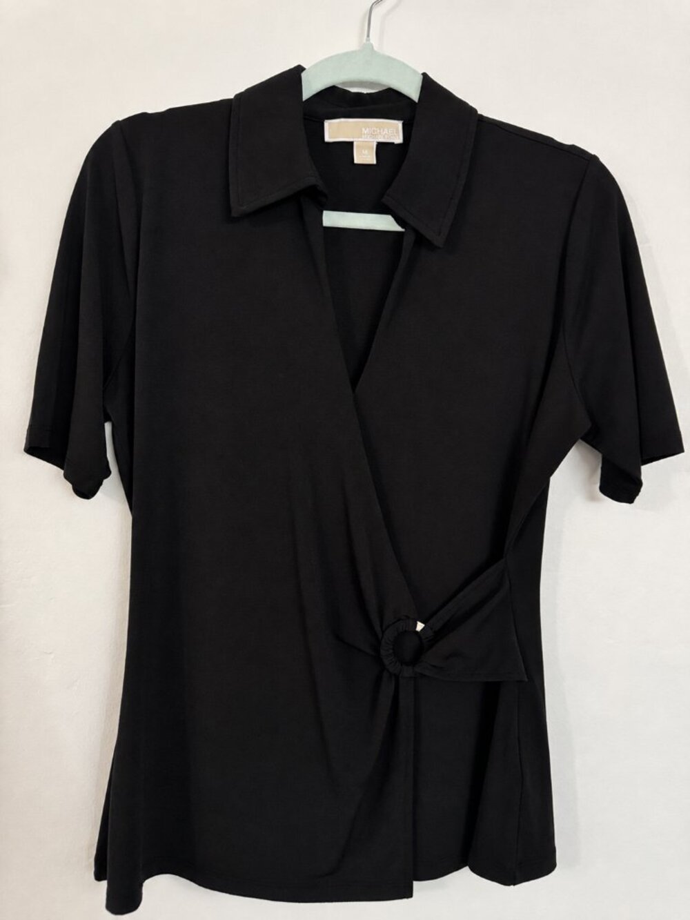 MICHAEL Michael Kors Black Draped Faux Wrap Ring Detail Top Size M